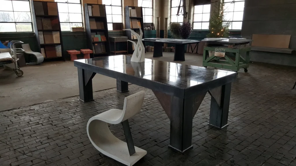 Modern furniture showroom with sleek black dining table, white sculptural chairs, shelving units, and industrial windows in contemporary warehouse space