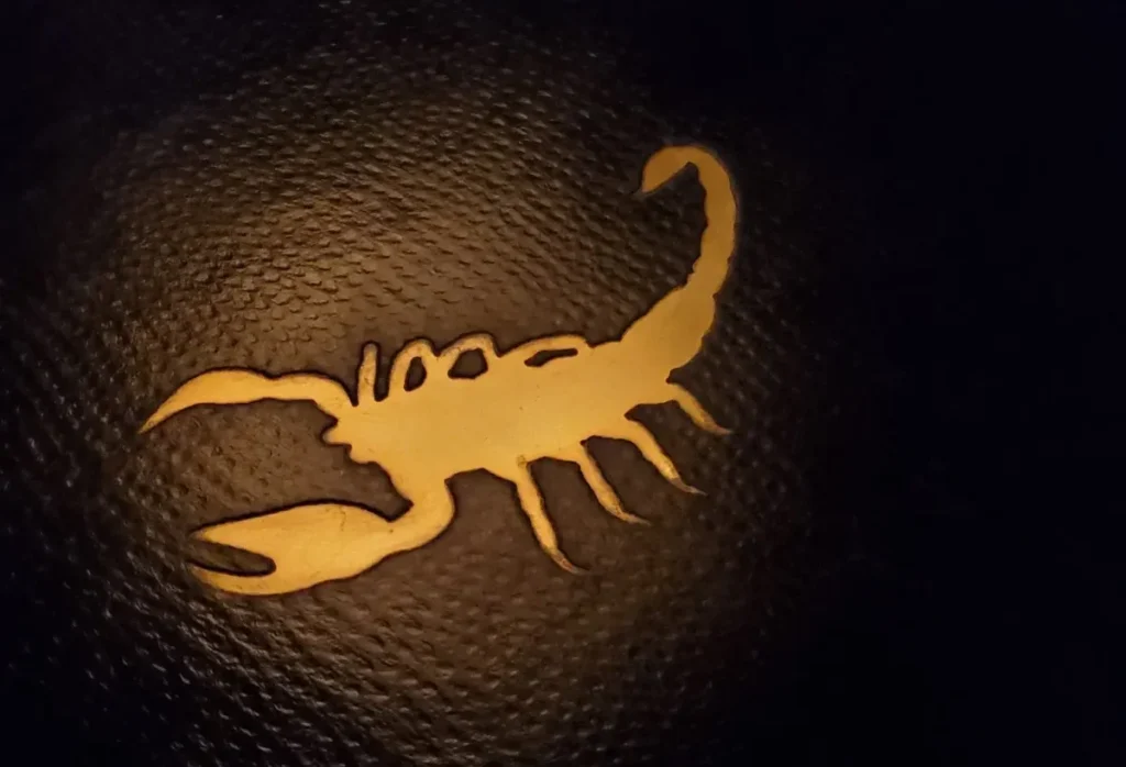 Golden scorpion silhouette glowing on dark textured background